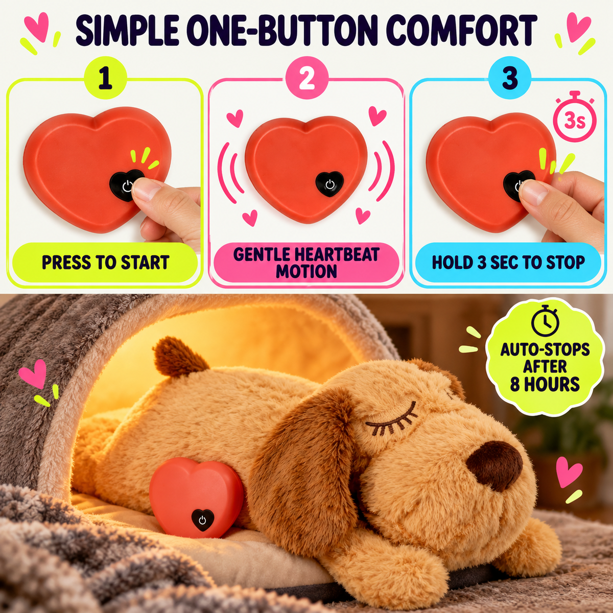 Heartbeat module one-button controls and eight-hour auto-off