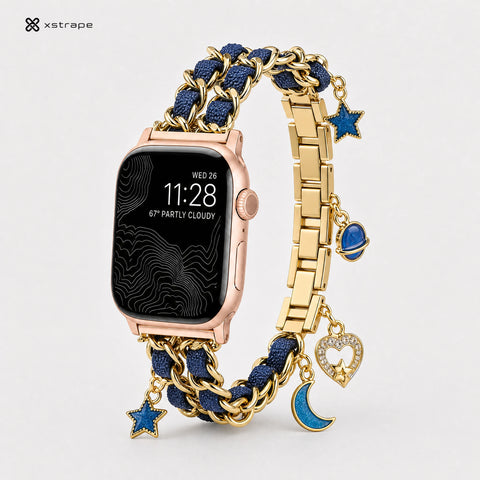 Gold Chain Apple Watch Band with Navy Braided Cord and Celestial Charms