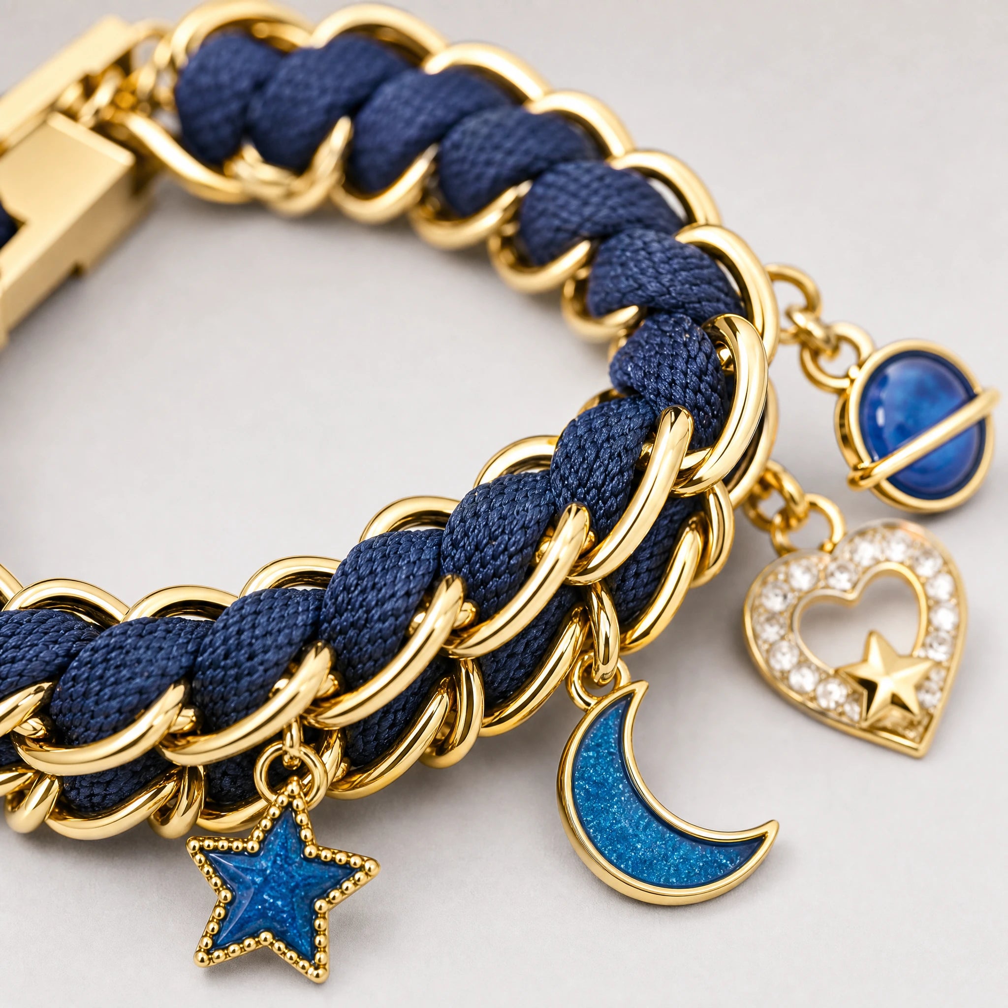Gold Chain Apple Watch Band with Navy Braided Cord and Celestial Charms