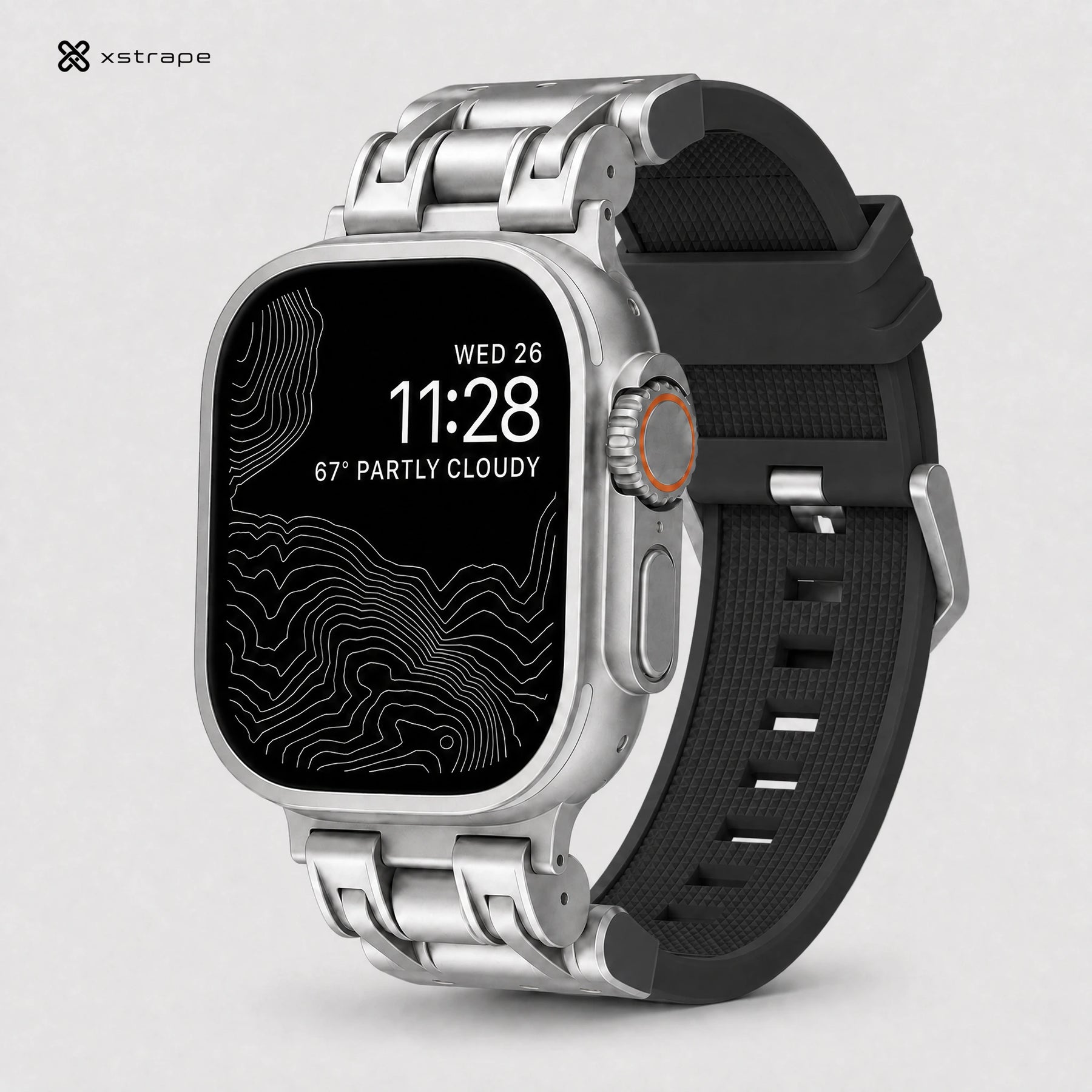 xstrape Rugged Metal Apple Watch Ultra Band with Black Silicone Strap