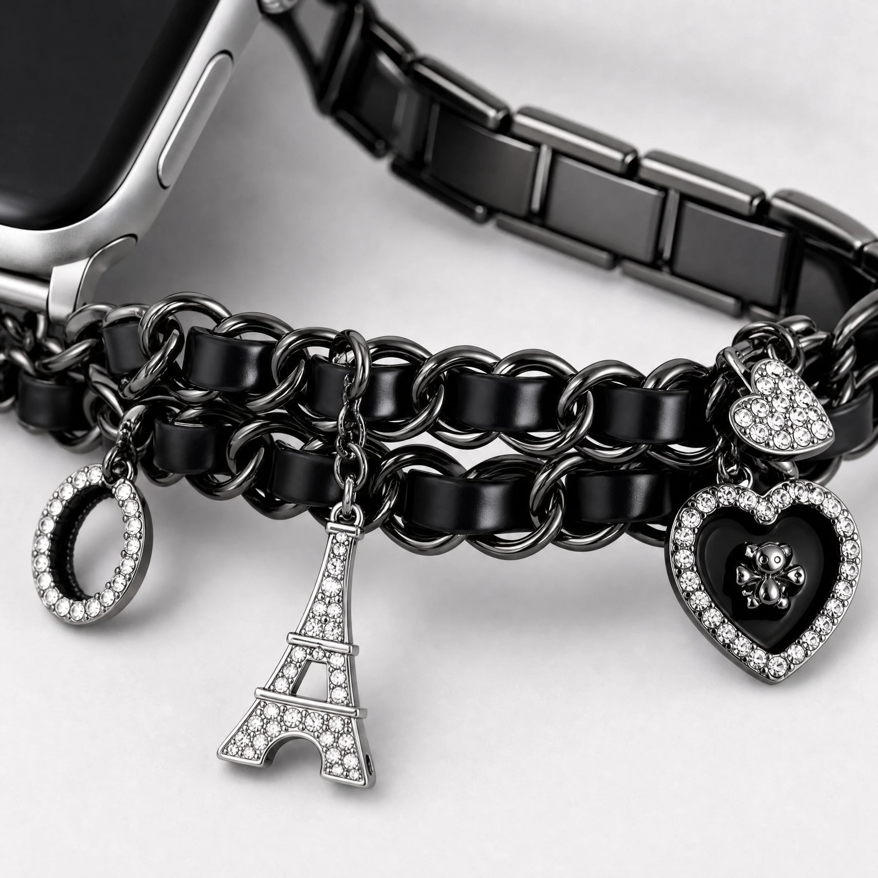 xstrape Luxury Black Chain Apple Watch Band with Rhinestone Heart & Eiffel Tower Charms