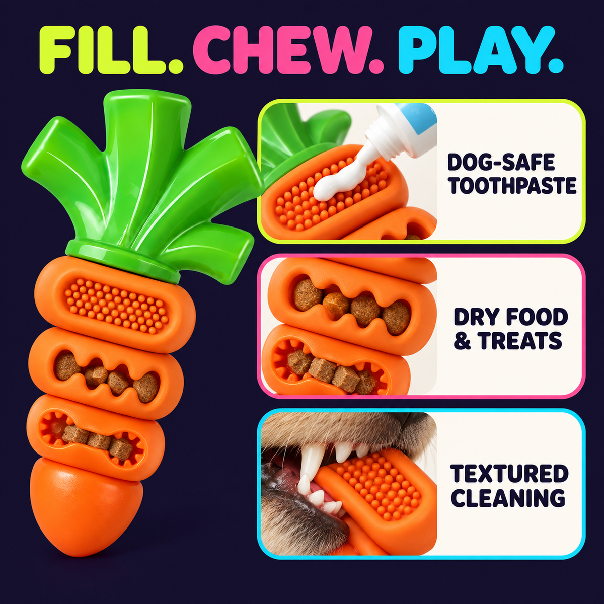 Stuffable orange dog chew toy with toothpaste food and textured zones