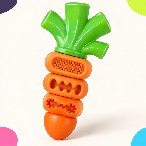 Orange carrot-shaped dog chew toy with green leaf-shaped top