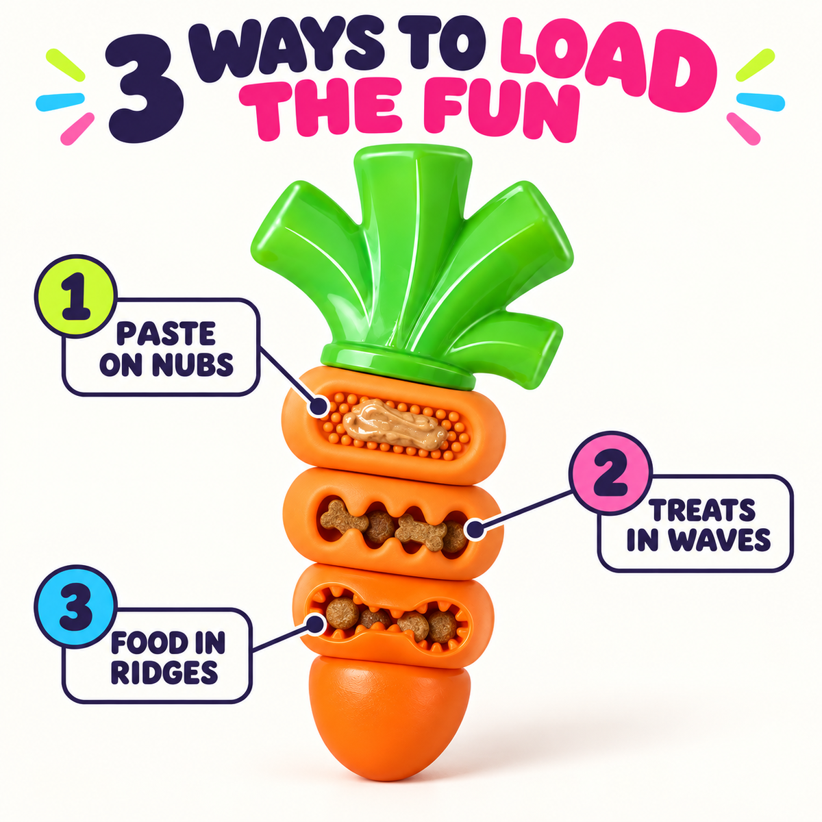 Three ways to fill orange carrot dog chew toy