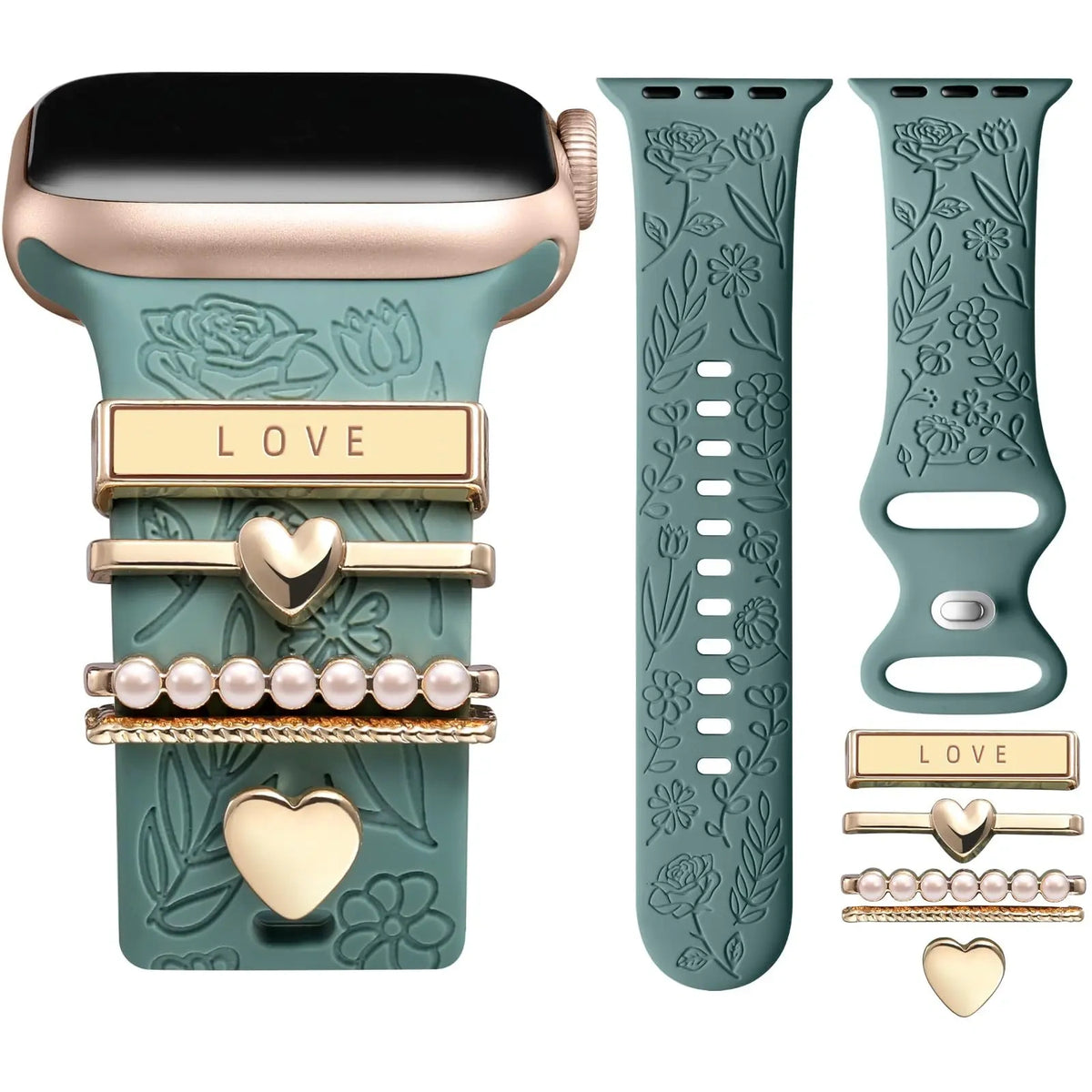 BROULIT Floral Engraved Silicone Band for Apple Watch – Soft Adjustable Strap with Decorative Charms, Stylish Women’s Watch Band Compatible with iWatch Series 11–1 & SE (38mm–42mm),back to school,back to school haul (main image)