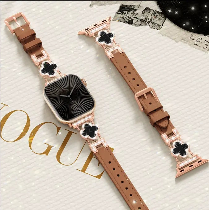 KALERI Black Shell Clover Slim Metal Bracelet for iWatch(Band Only) - Business & Dressy Strap, Compatible with Ultra 2/Ultra/Series 10-1/SE/SE2 (38-49mm) | For Women (Watch Not Included) (main image)