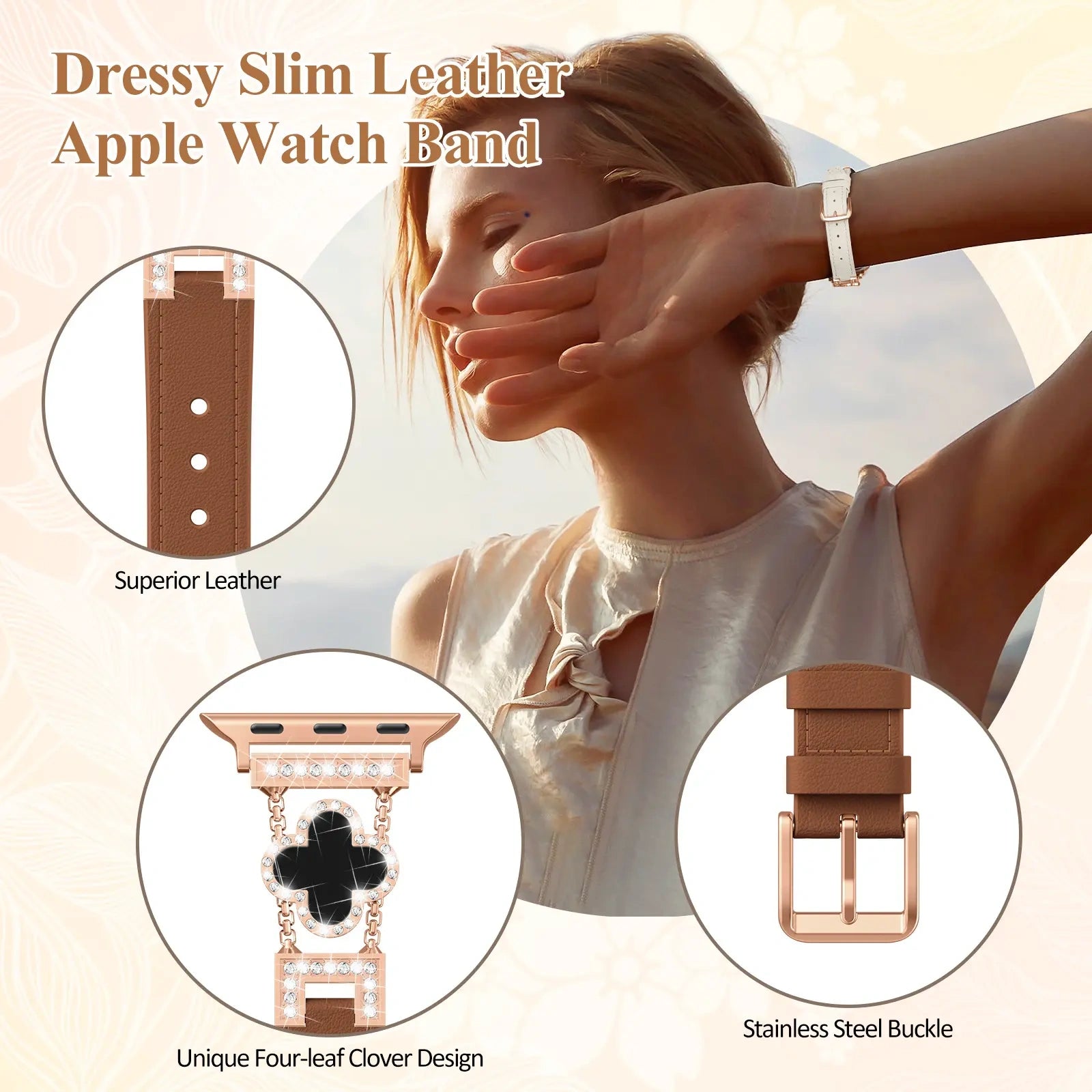 KALERI Black Shell Clover Slim Metal Bracelet for iWatch(Band Only) - Business & Dressy Strap, Compatible with Ultra 2/Ultra/Series 10-1/SE/SE2 (38-49mm) | For Women (Watch Not Included) (main image)