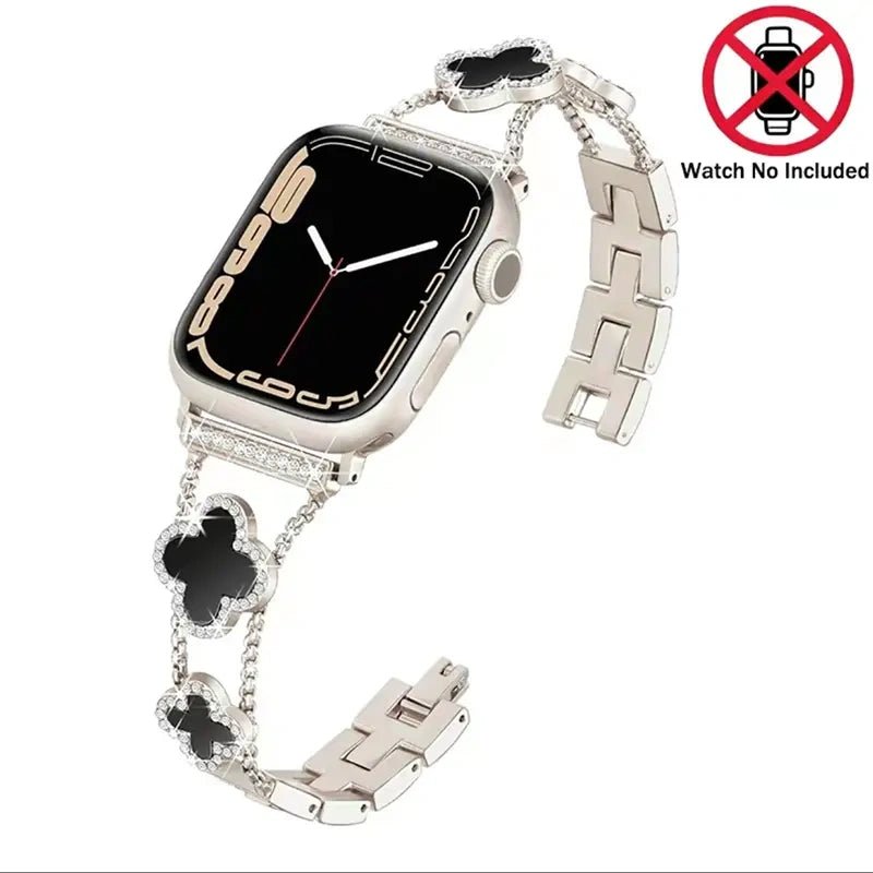 KALERI Black Shell Clover Slim Metal Bracelet for iWatch(Band Only) - Business & Dressy Strap, Compatible with Ultra 2/Ultra/Series 10-1/SE/SE2 (38-49mm) | For Women (Watch Not Included) - Color Silver (variant image)