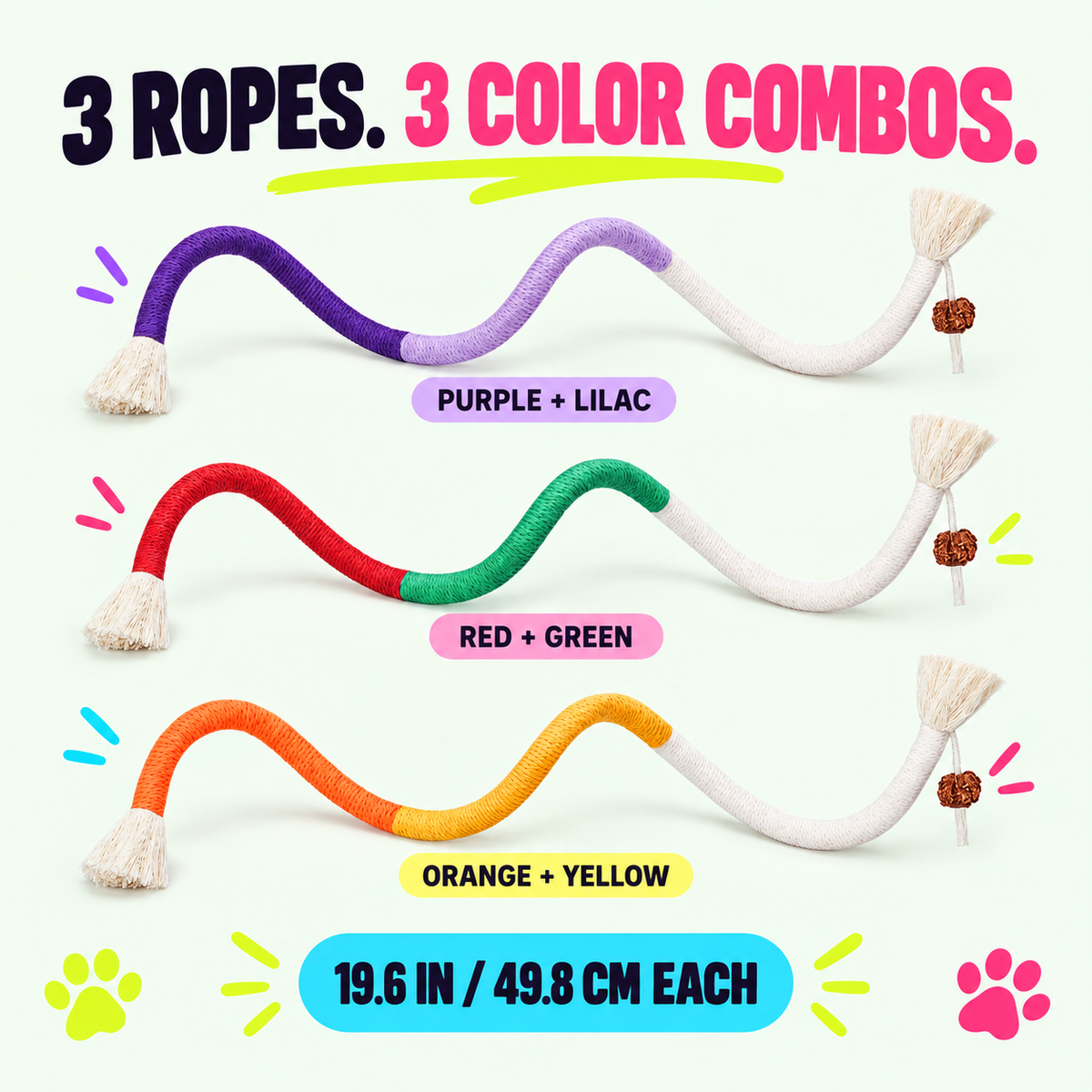 Three cotton cat rope color combinations and size