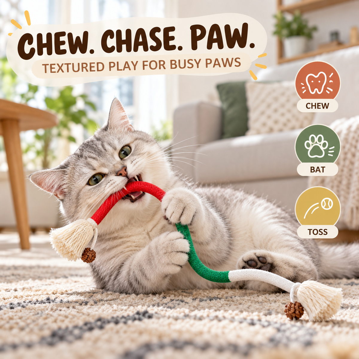 Cat playing with flexible cotton chew rope