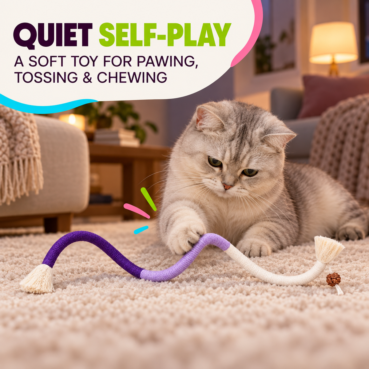 Quiet indoor self-play with cotton cat rope