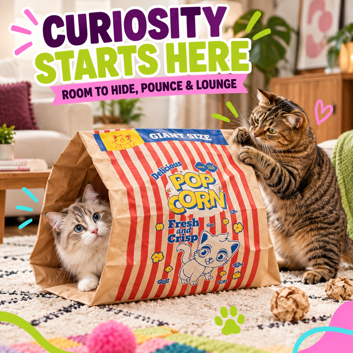 Two indoor cats exploring large crinkle paper hideout