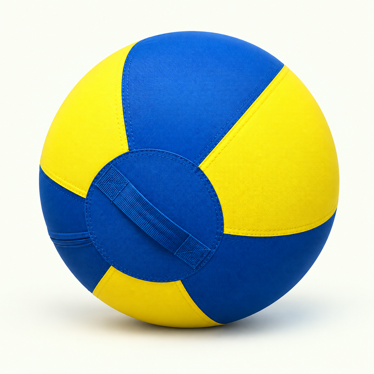 Blue and yellow inflatable herding ball for supervised dog exercise