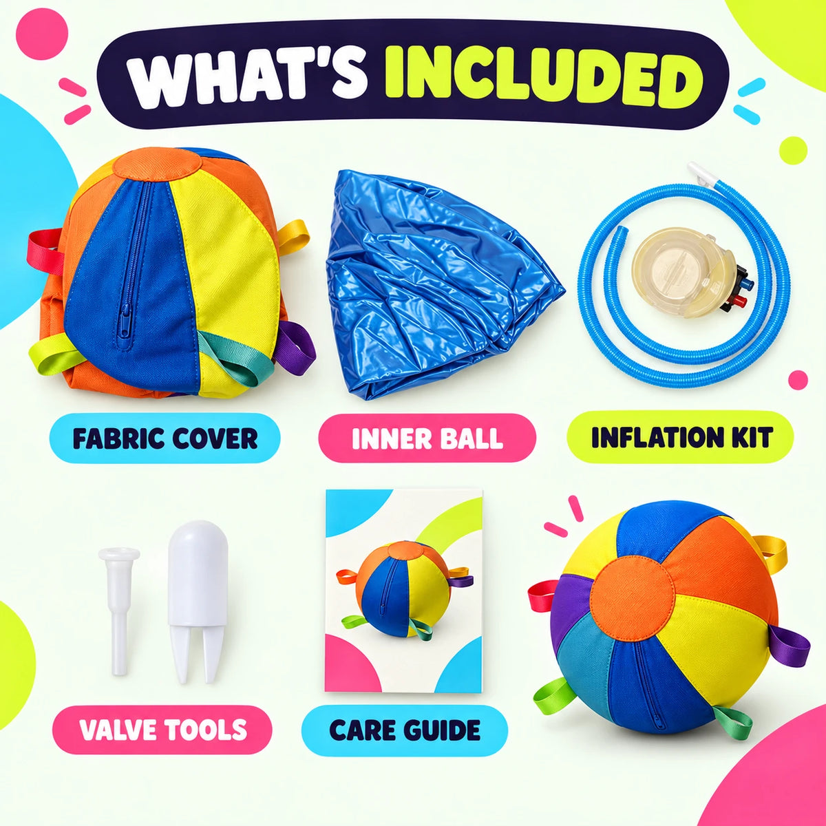 Inflatable dog herding ball complete accessory kit with fabric cover inner ball inflation kit valve tools and care guide