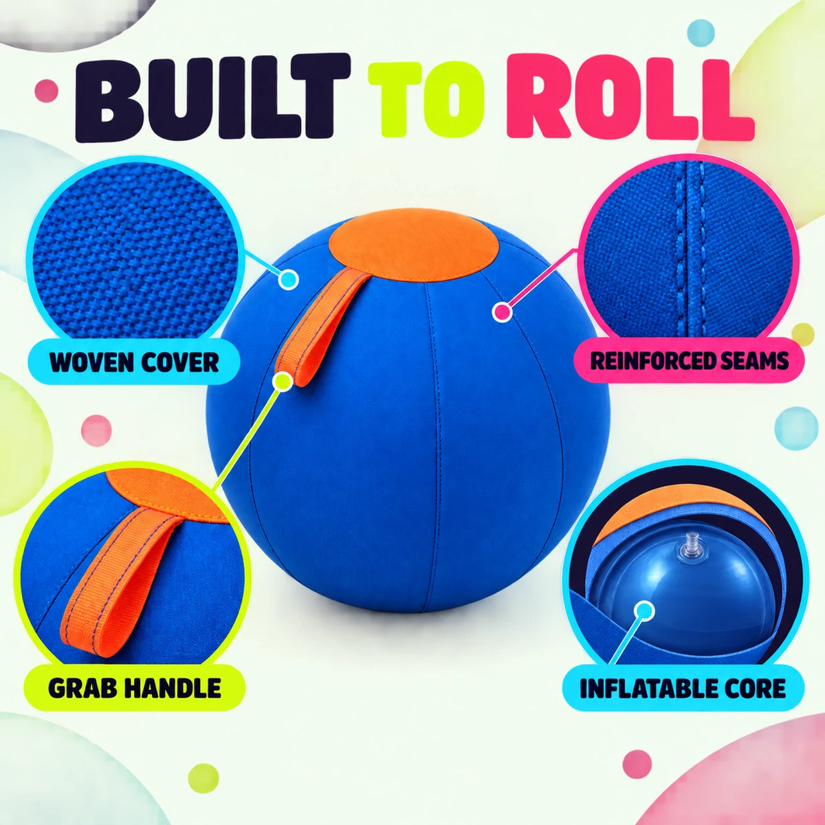 Inflatable dog herding ball construction with woven cover reinforced seams grab handle and blue inflatable core