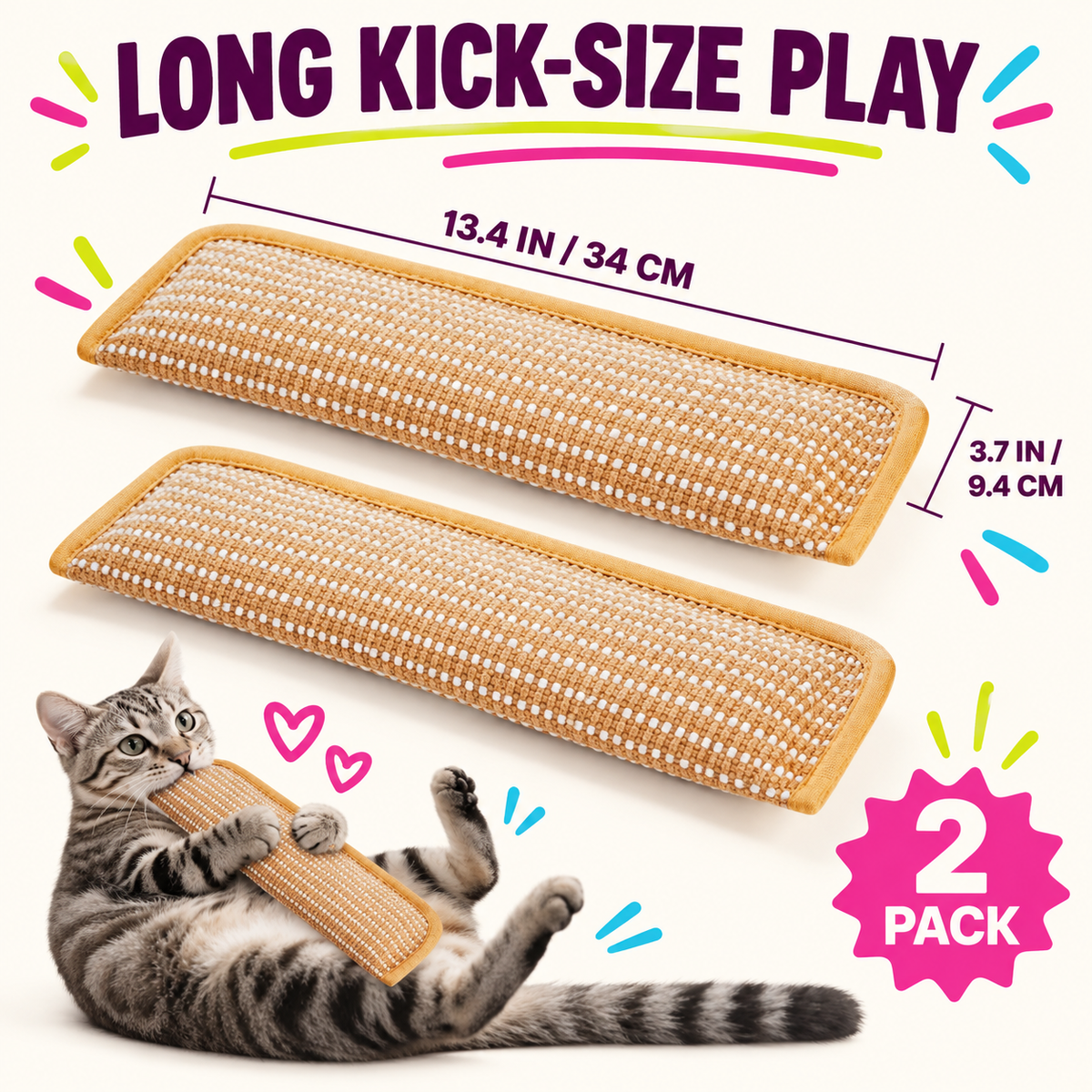 13.4 by 3.7 inch sisal cat kicker toy dimensions