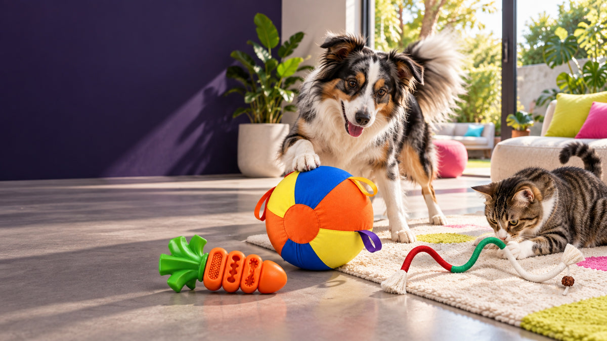 Dog playing with Xstrapetm enrichment toy outdoors