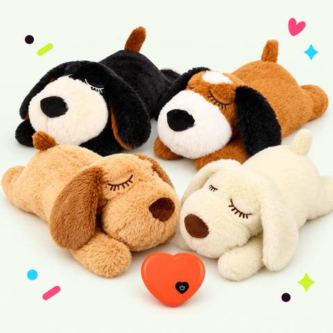 Four-color heartbeat plush dog toy lineup with removable heart module