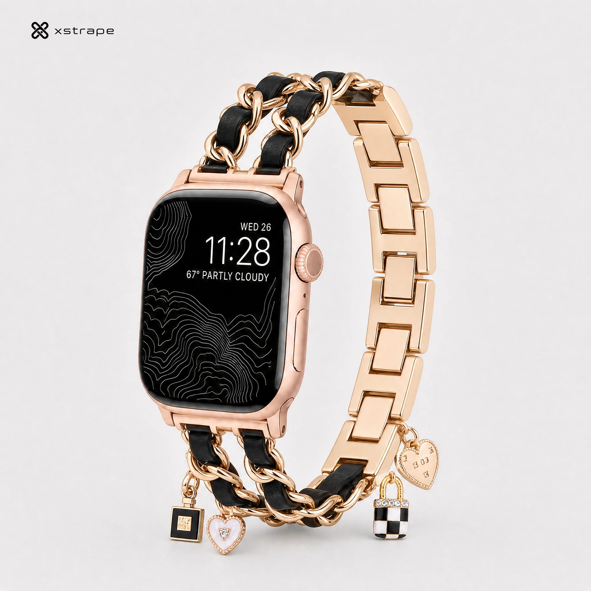 Gold Chain Apple Watch Band with Black Leather & Charms