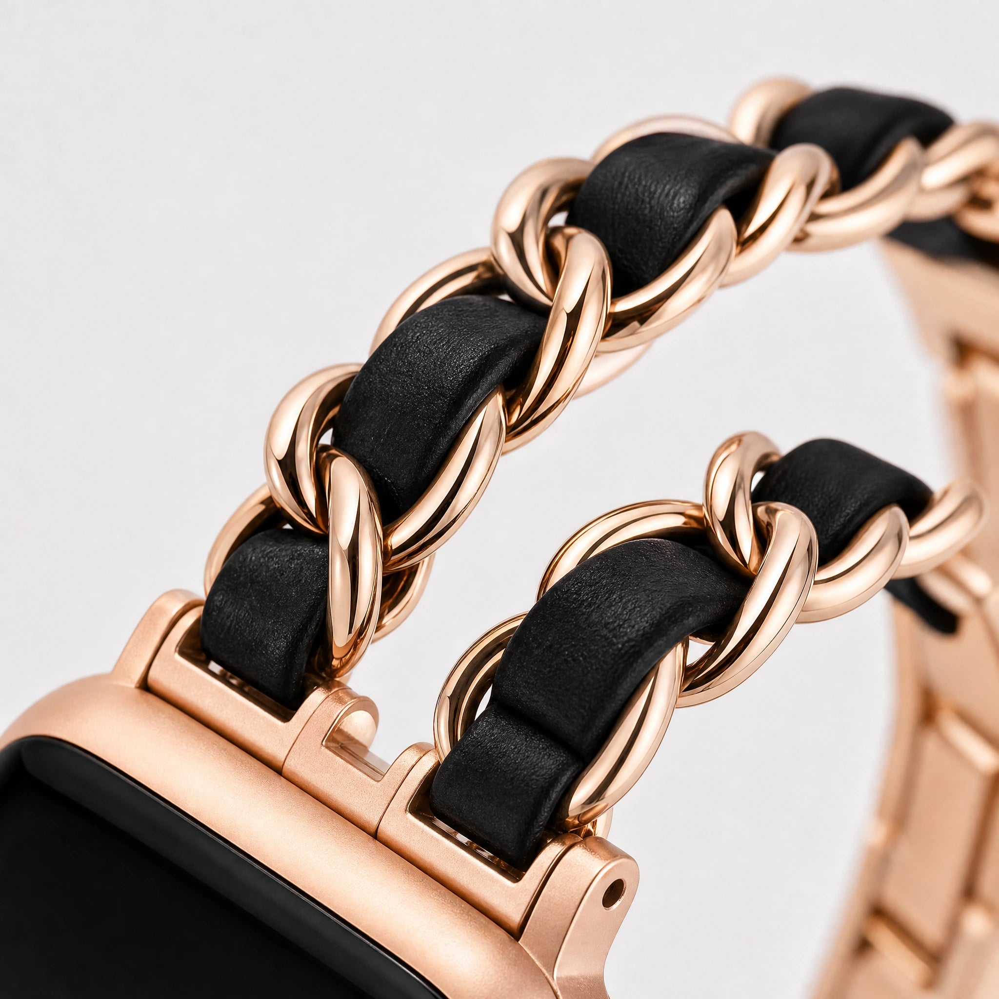 Gold Chain Apple Watch Band with Black Leather & Charms