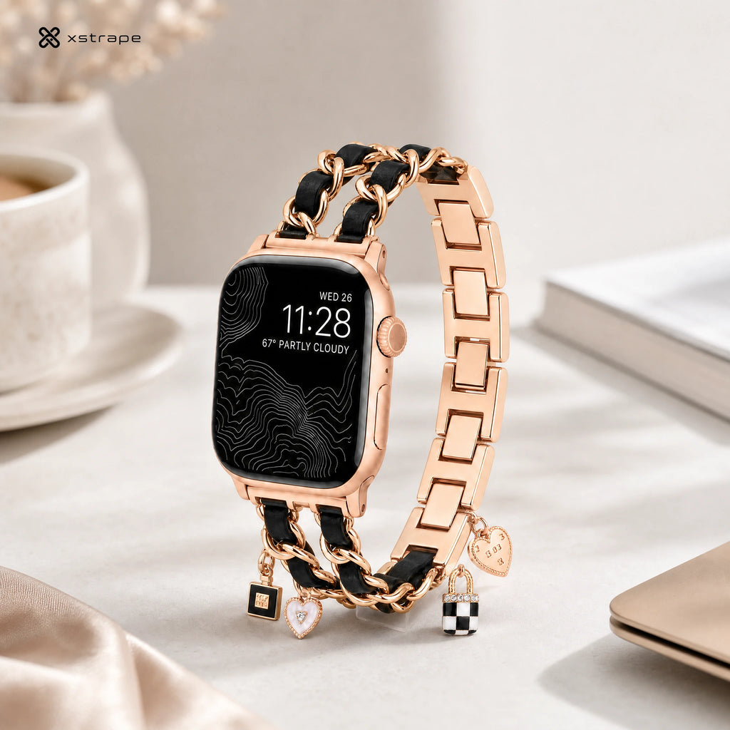 Gold Chain Apple Watch Band with Black Leather & Charms