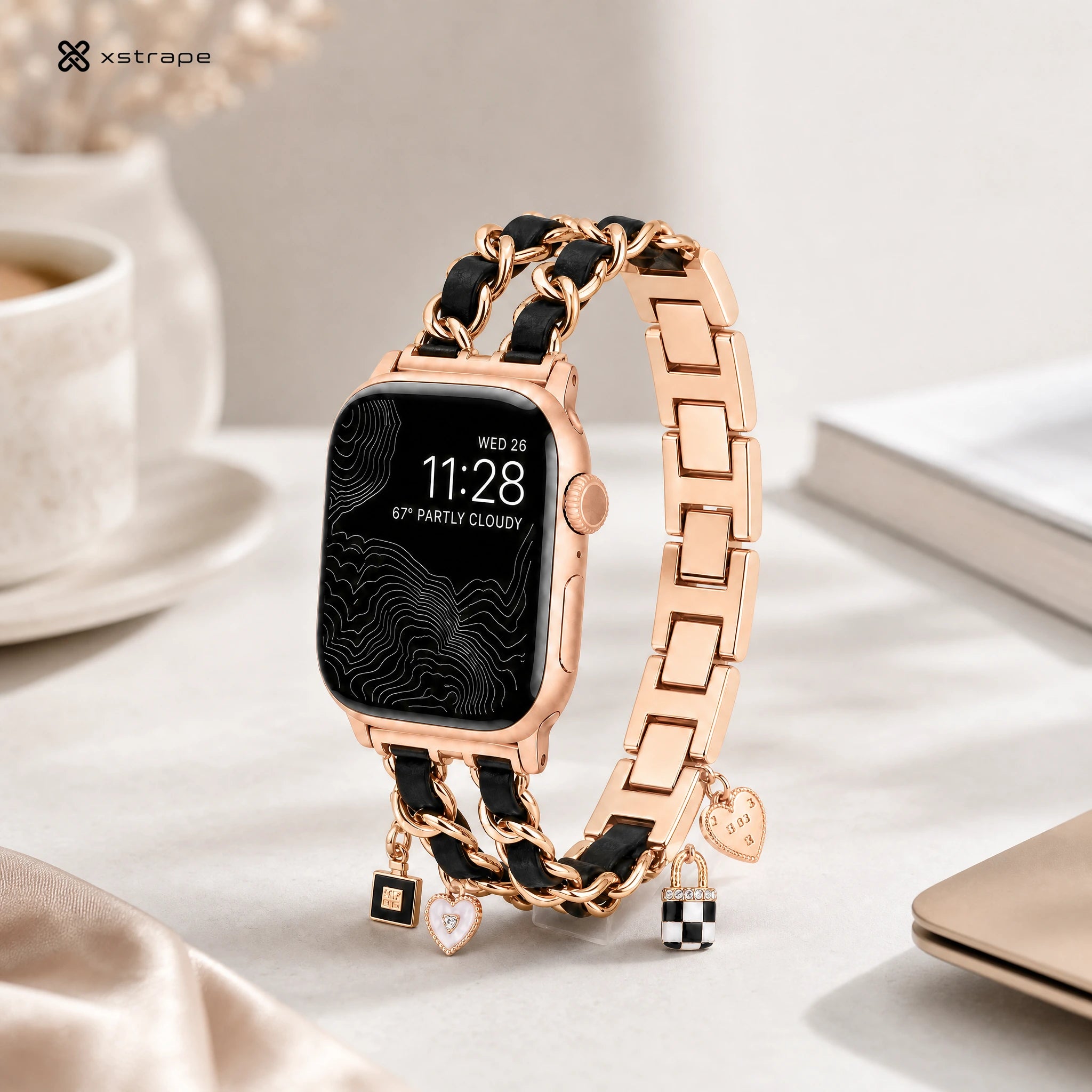Gold Chain Apple Watch Band with Black Leather & Charms