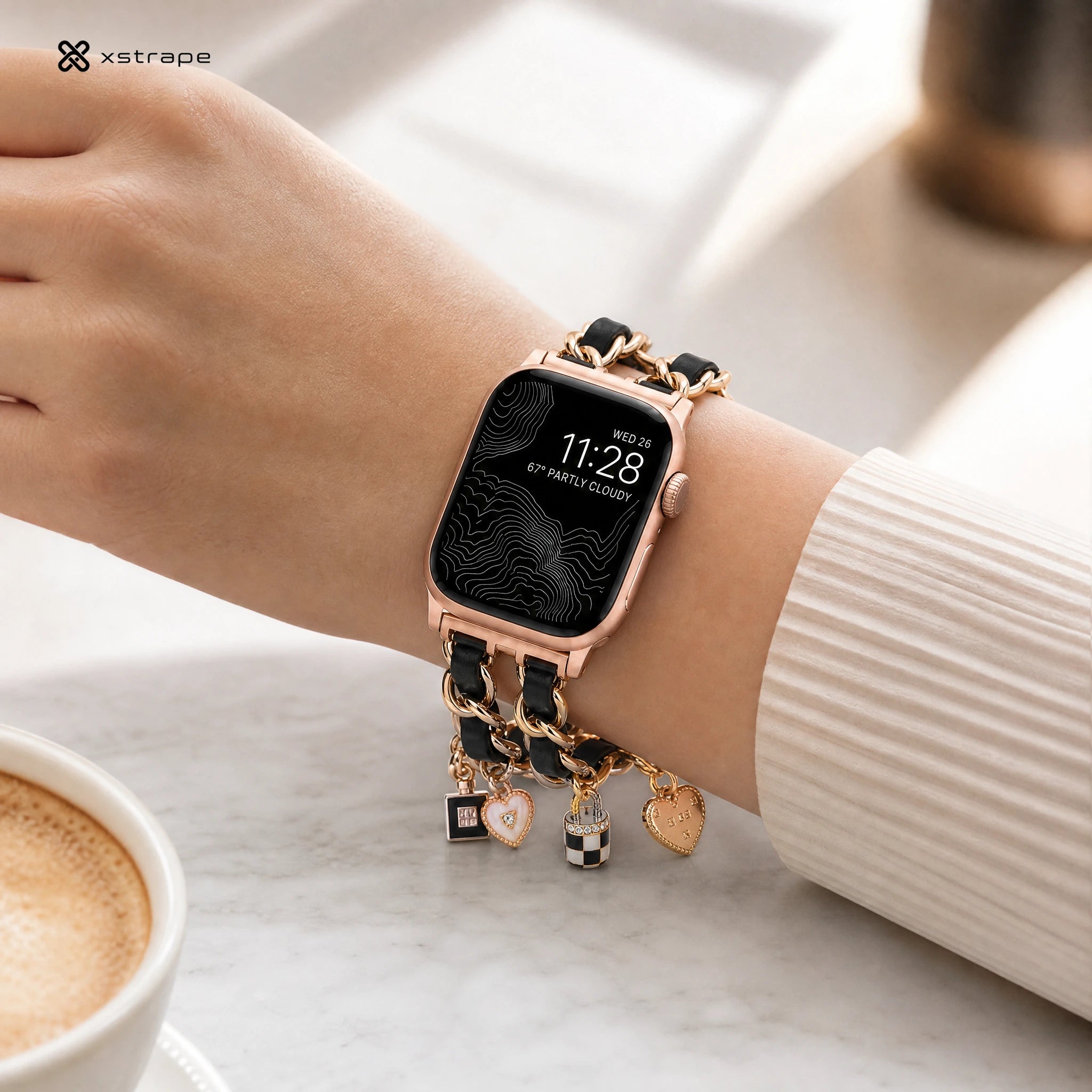 Gold Chain Apple Watch Band with Black Leather & Charms