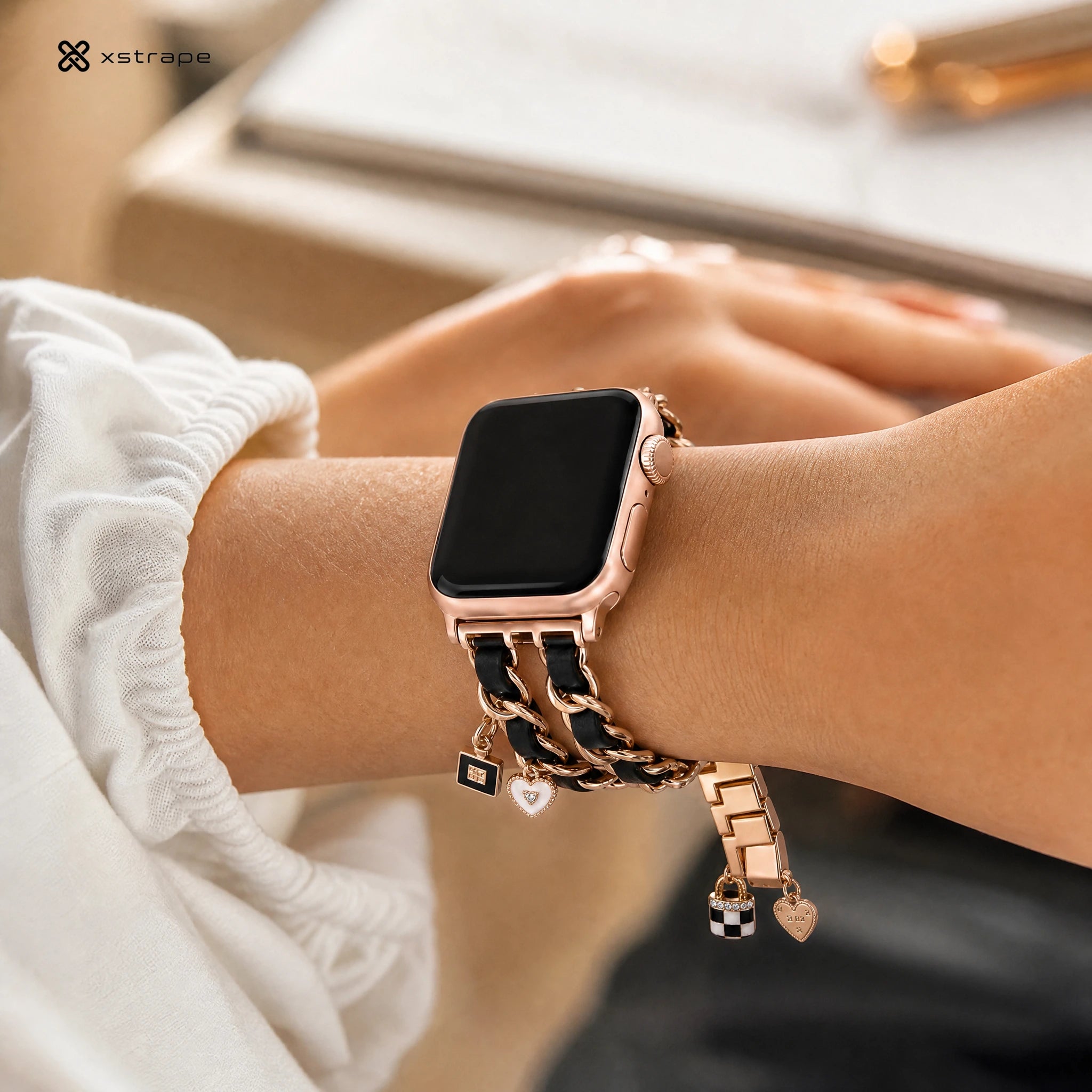 Gold Chain Apple Watch Band with Black Leather & Charms