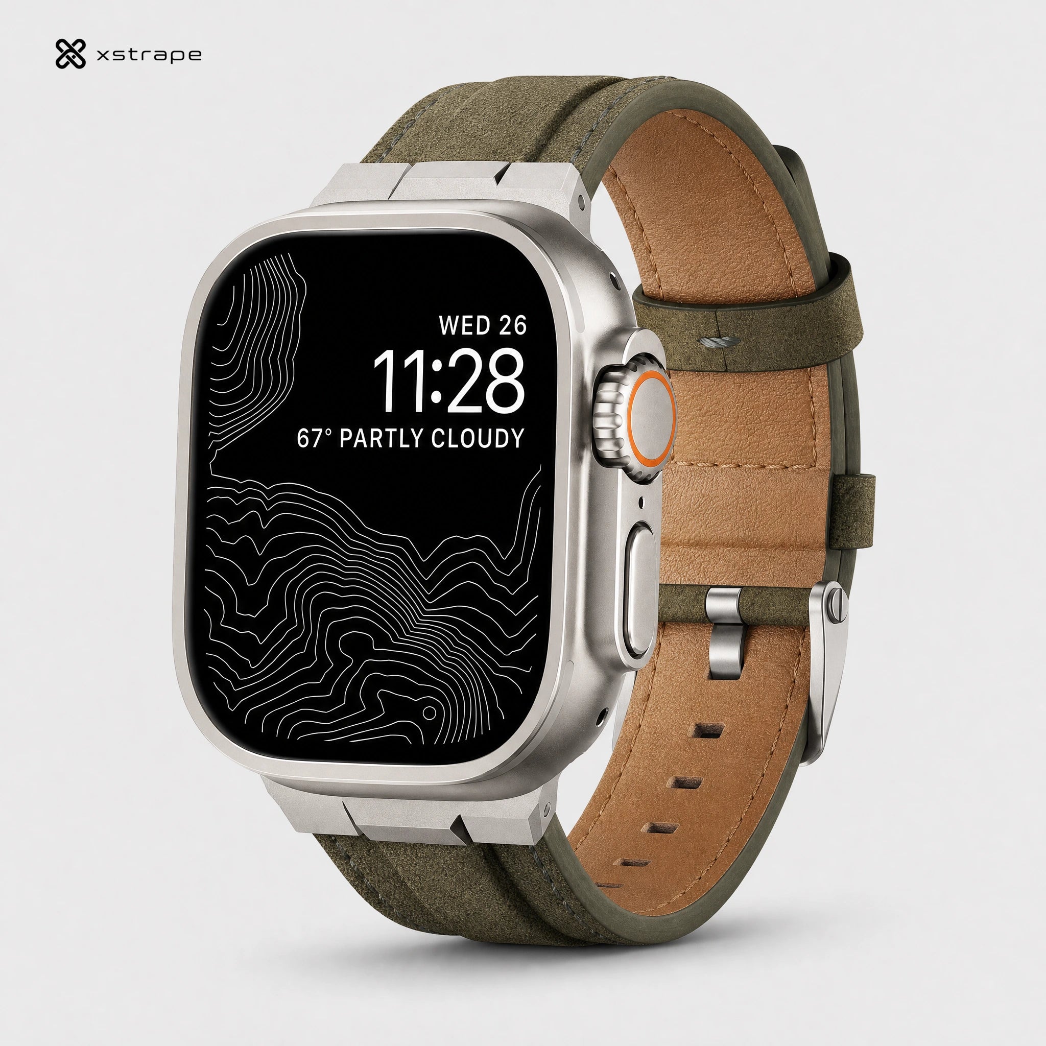 xstrape Rugged Olive Leather Apple Watch Ultra Band with Protective Metal Case