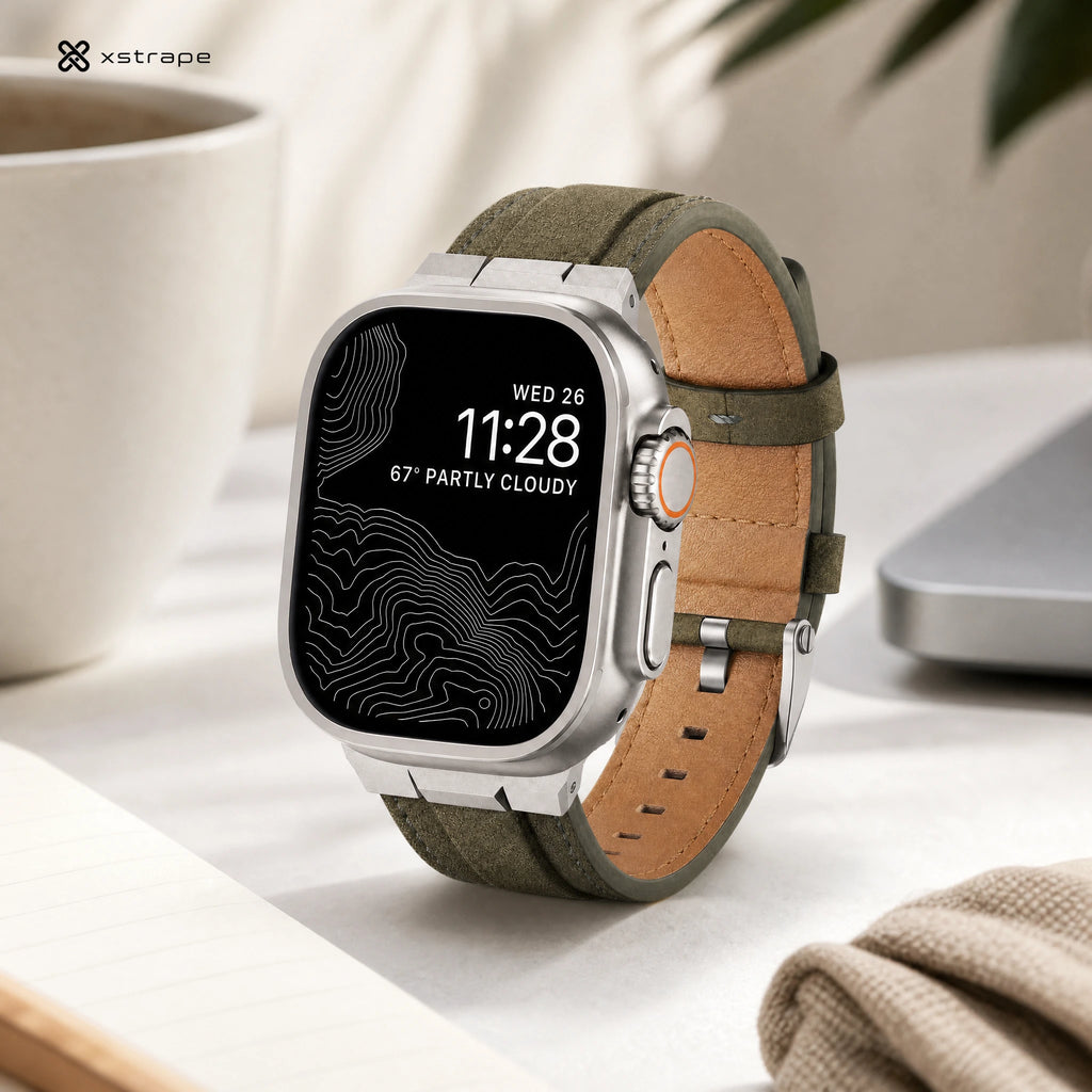 xstrape Rugged Olive Leather Apple Watch Ultra Band with Protective Metal Case