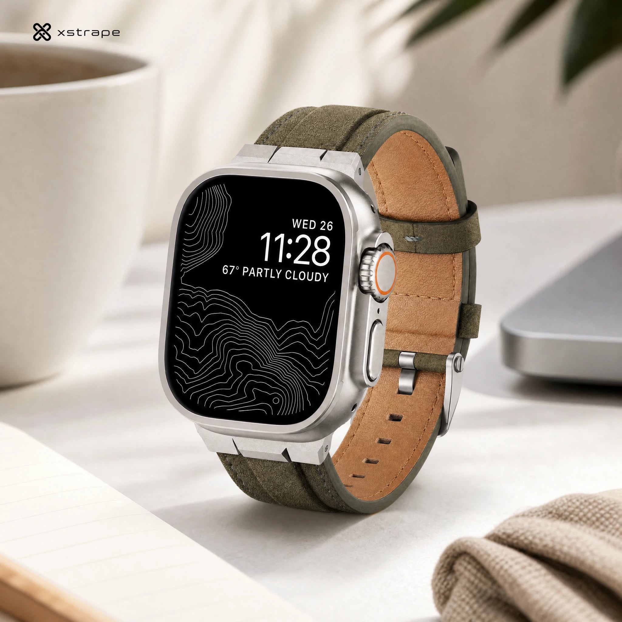 xstrape Rugged Olive Leather Apple Watch Ultra Band with Protective Metal Case