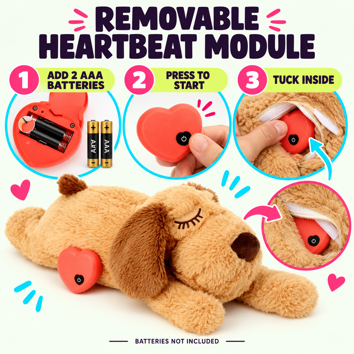 How to install the removable heartbeat module and two AAA batteries