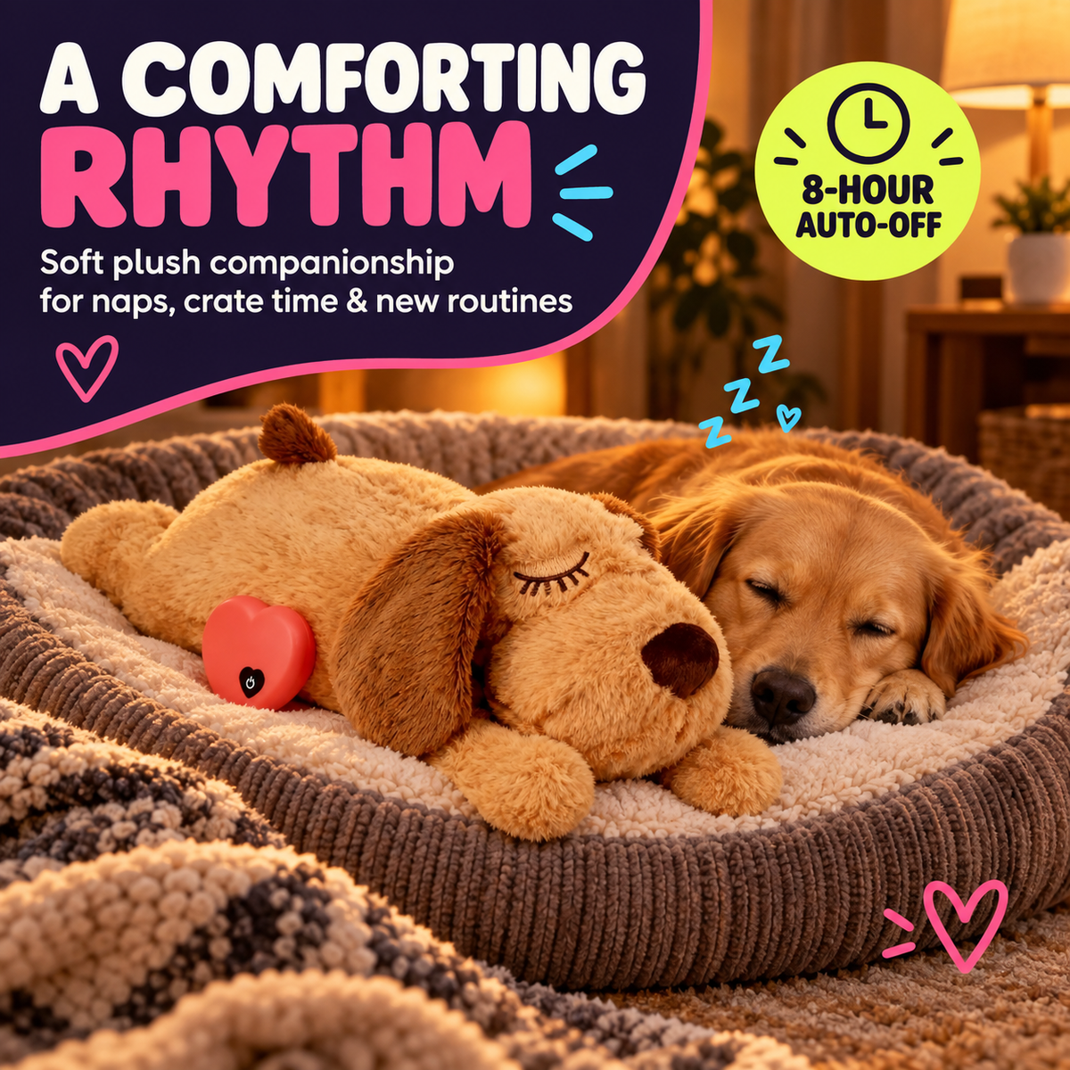 Dog resting with heartbeat plush comfort toy