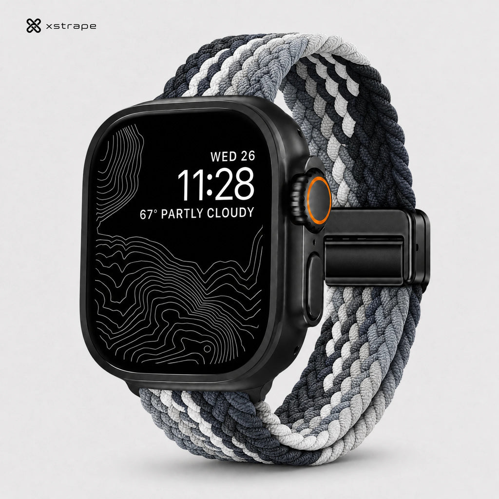 Braided Solo Loop Apple Watch Band - Black Gray White Stretch Nylon Strap