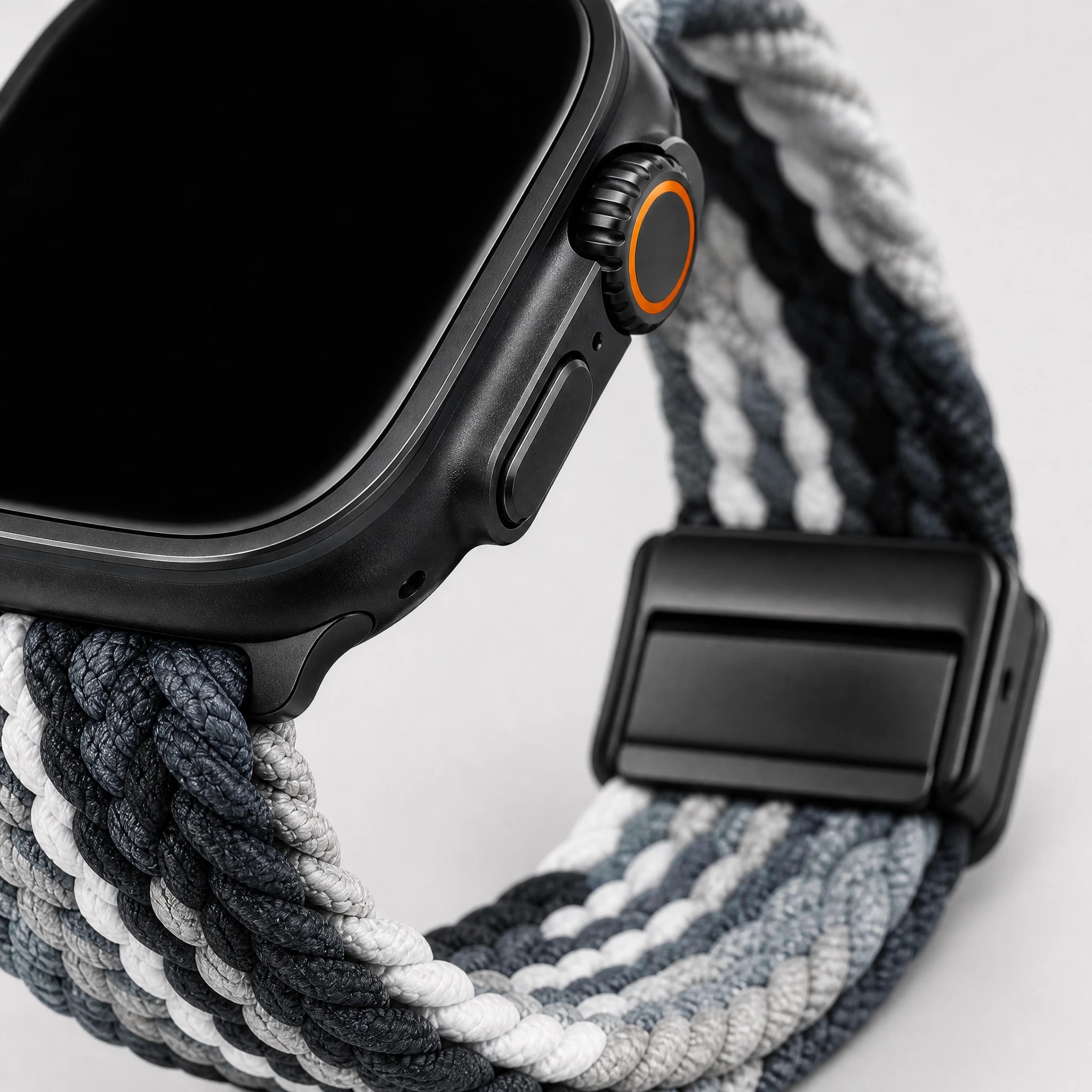 Braided Solo Loop Apple Watch Band - Black Gray White Stretch Nylon Strap
