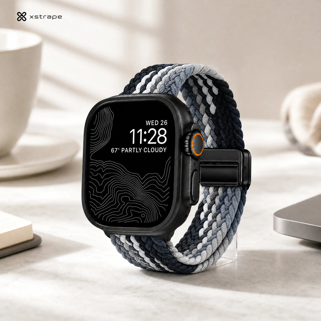 Braided Solo Loop Apple Watch Band - Black Gray White Stretch Nylon Strap