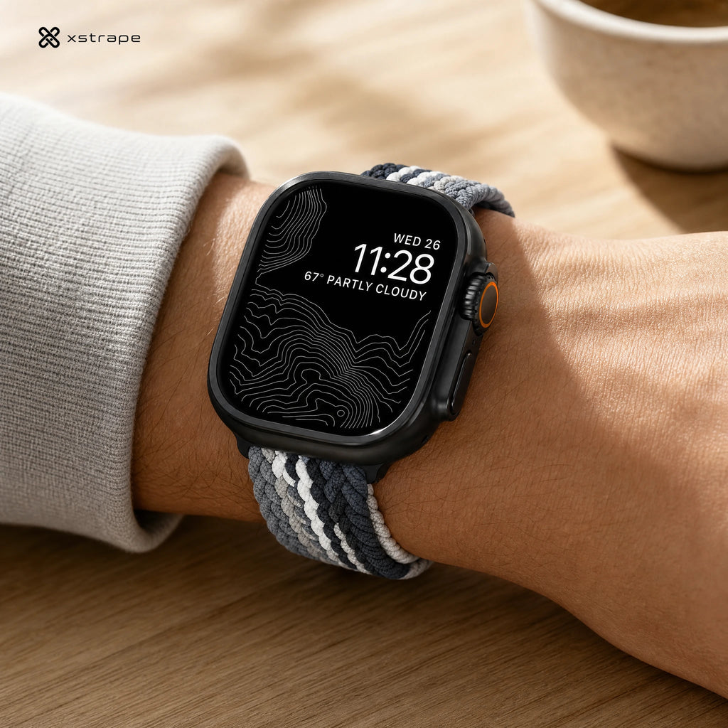Braided Solo Loop Apple Watch Band - Black Gray White Stretch Nylon Strap