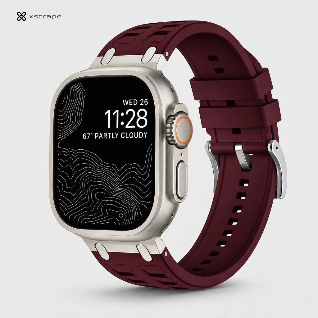 xstrape Burgundy Rugged Silicone Apple Watch Band with Metal Connectors