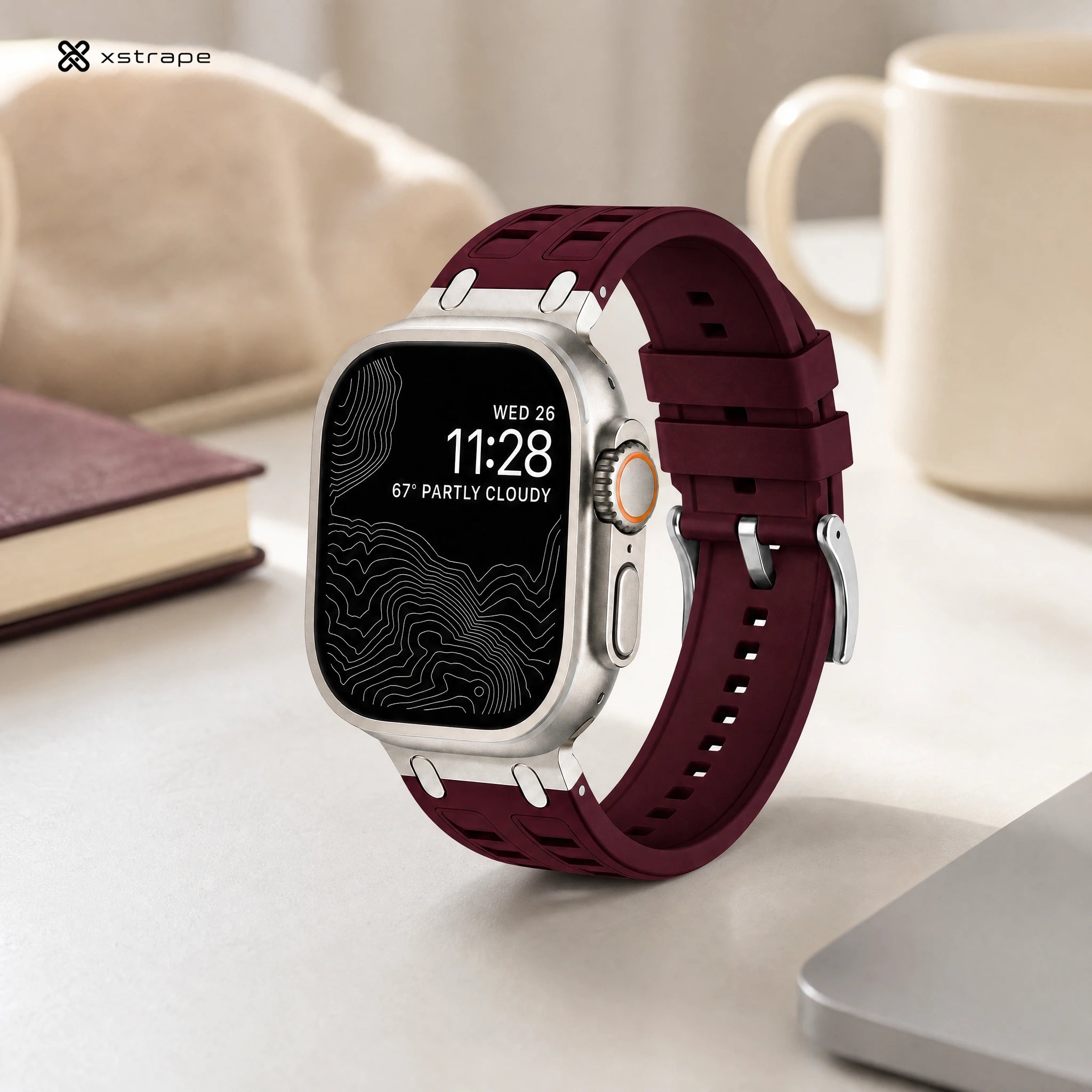 xstrape Burgundy Rugged Silicone Apple Watch Band with Metal Connectors