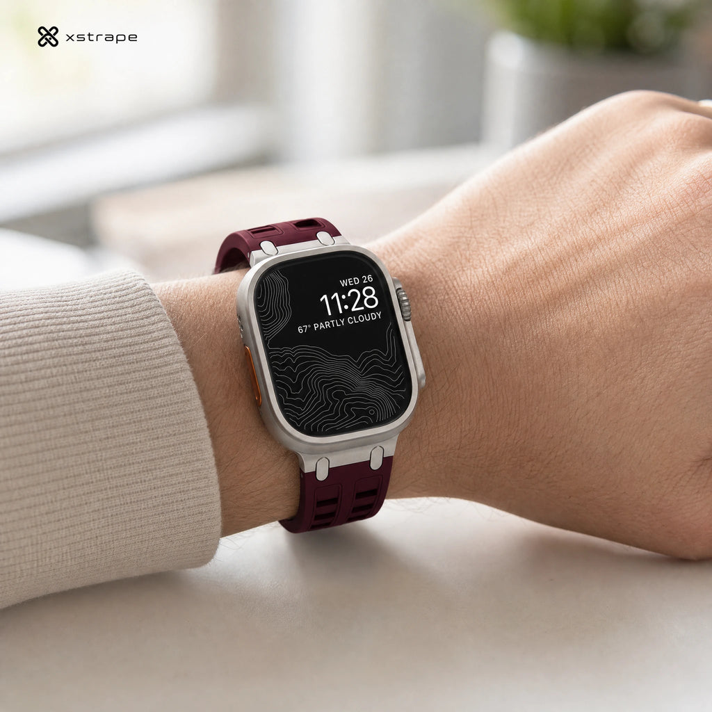 xstrape Burgundy Rugged Silicone Apple Watch Band with Metal Connectors