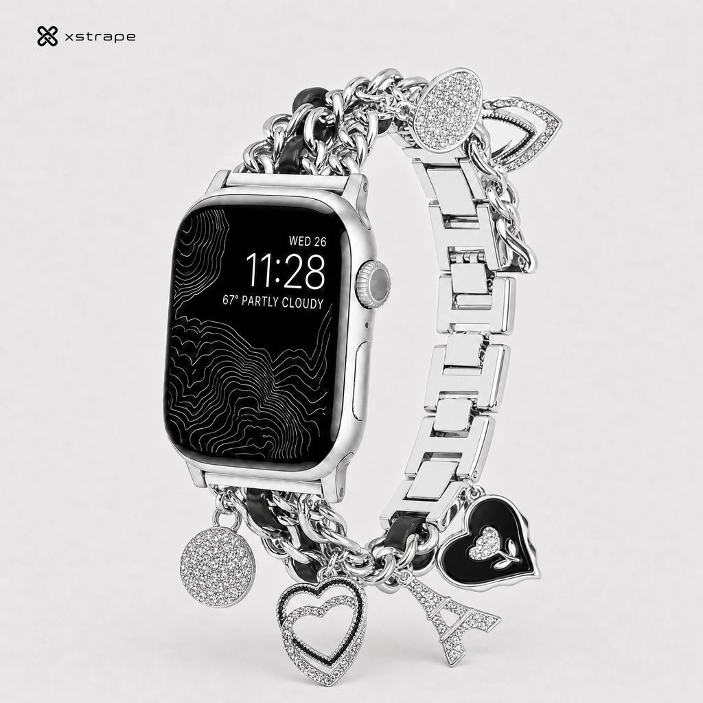 Luxury Silver Charm Apple Watch Band with Rhinestone Heart Chain Bracelet