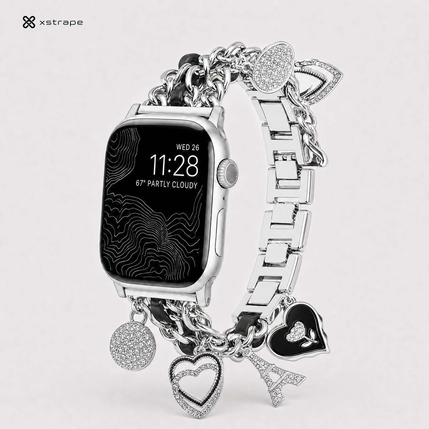 Luxury Silver Charm Apple Watch Band with Rhinestone Heart Chain Bracelet