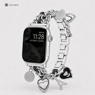 Luxury Silver Charm Apple Watch Band with Rhinestone Heart Chain Bracelet
