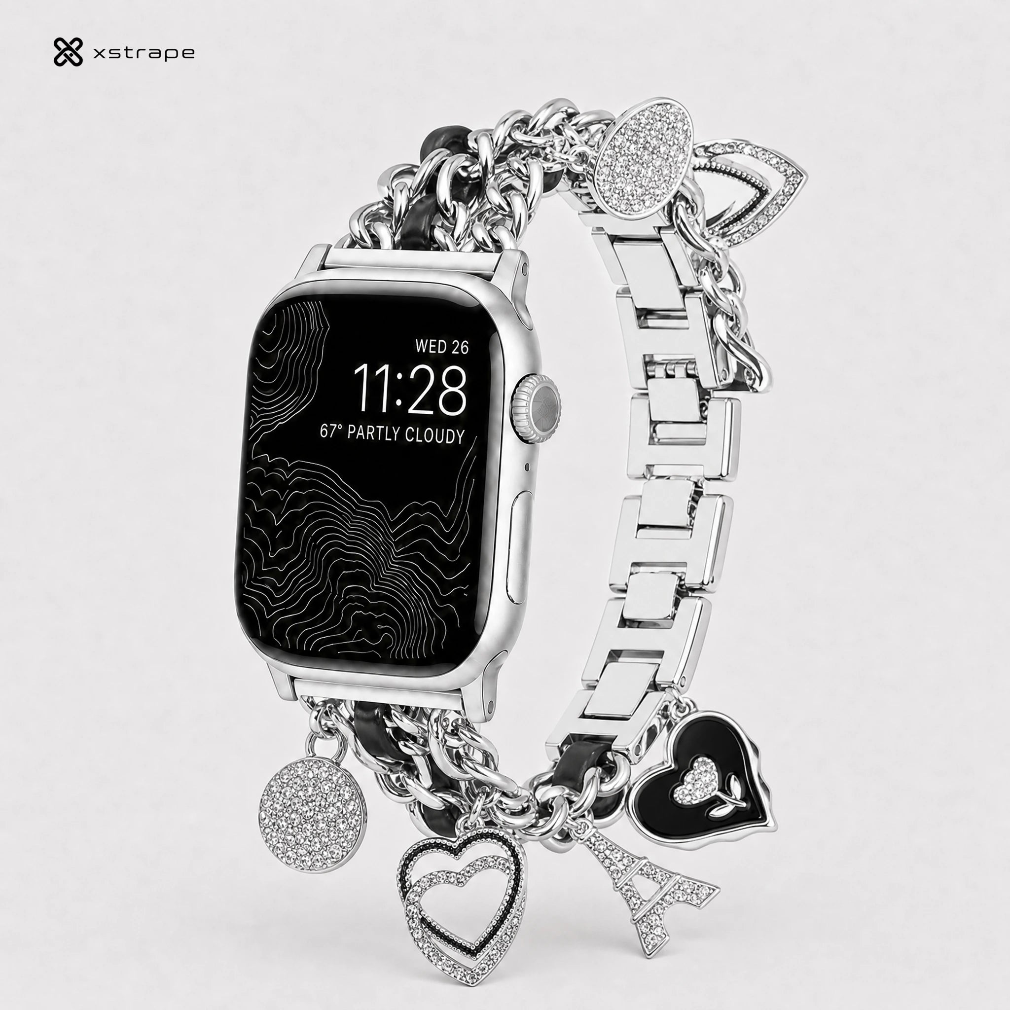 Luxury Silver Charm Apple Watch Band with Rhinestone Heart Chain Bracelet