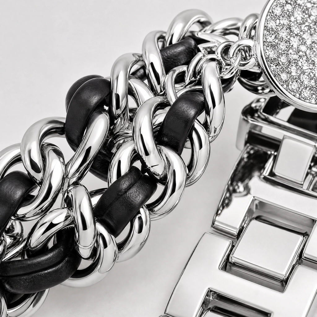 Luxury Silver Charm Apple Watch Band with Rhinestone Heart Chain Bracelet