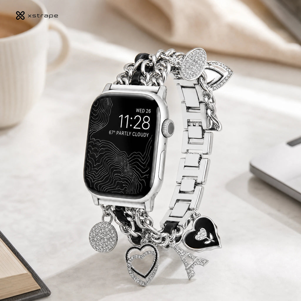 Luxury Silver Charm Apple Watch Band with Rhinestone Heart Chain Bracelet