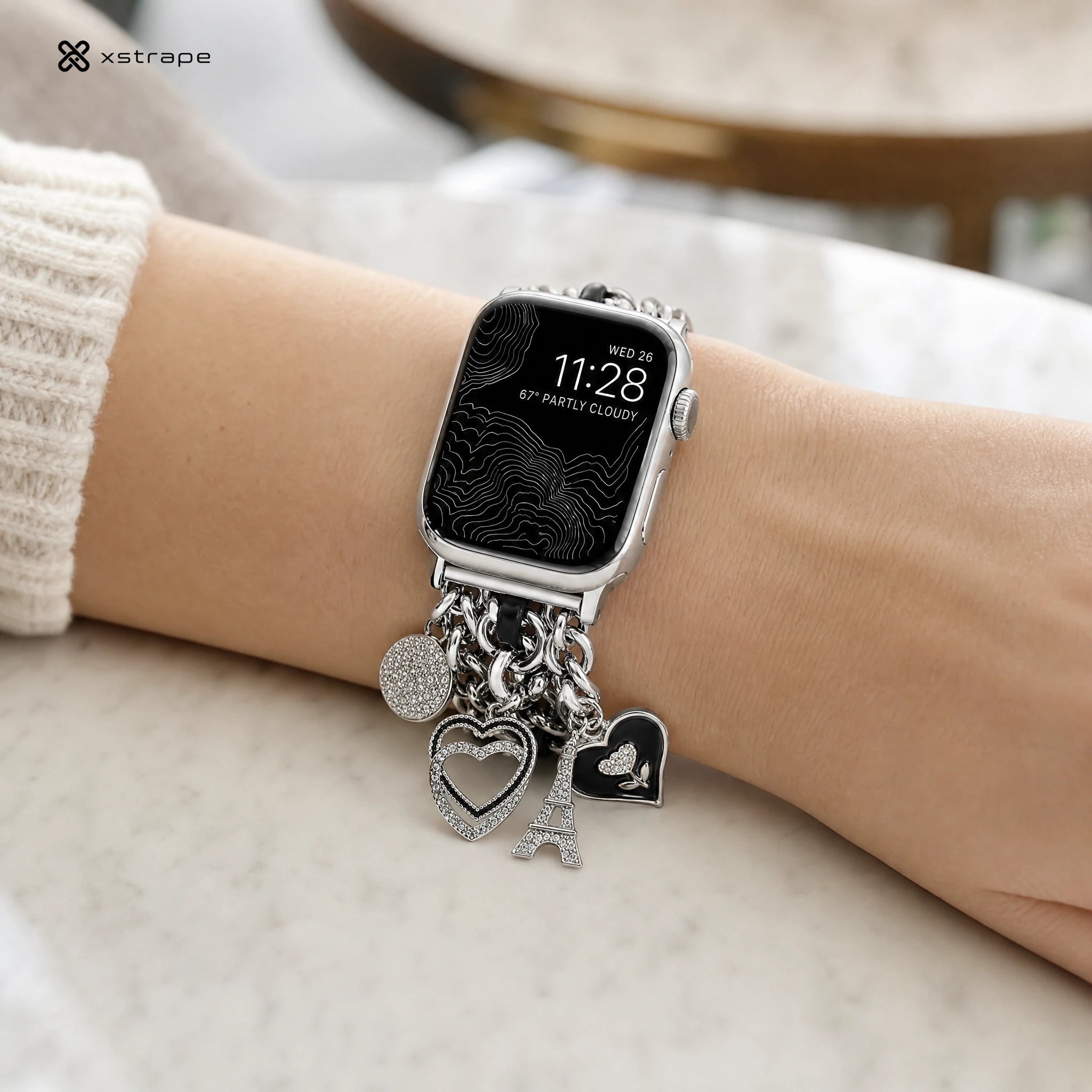 Luxury Silver Charm Apple Watch Band with Rhinestone Heart Chain Bracelet
