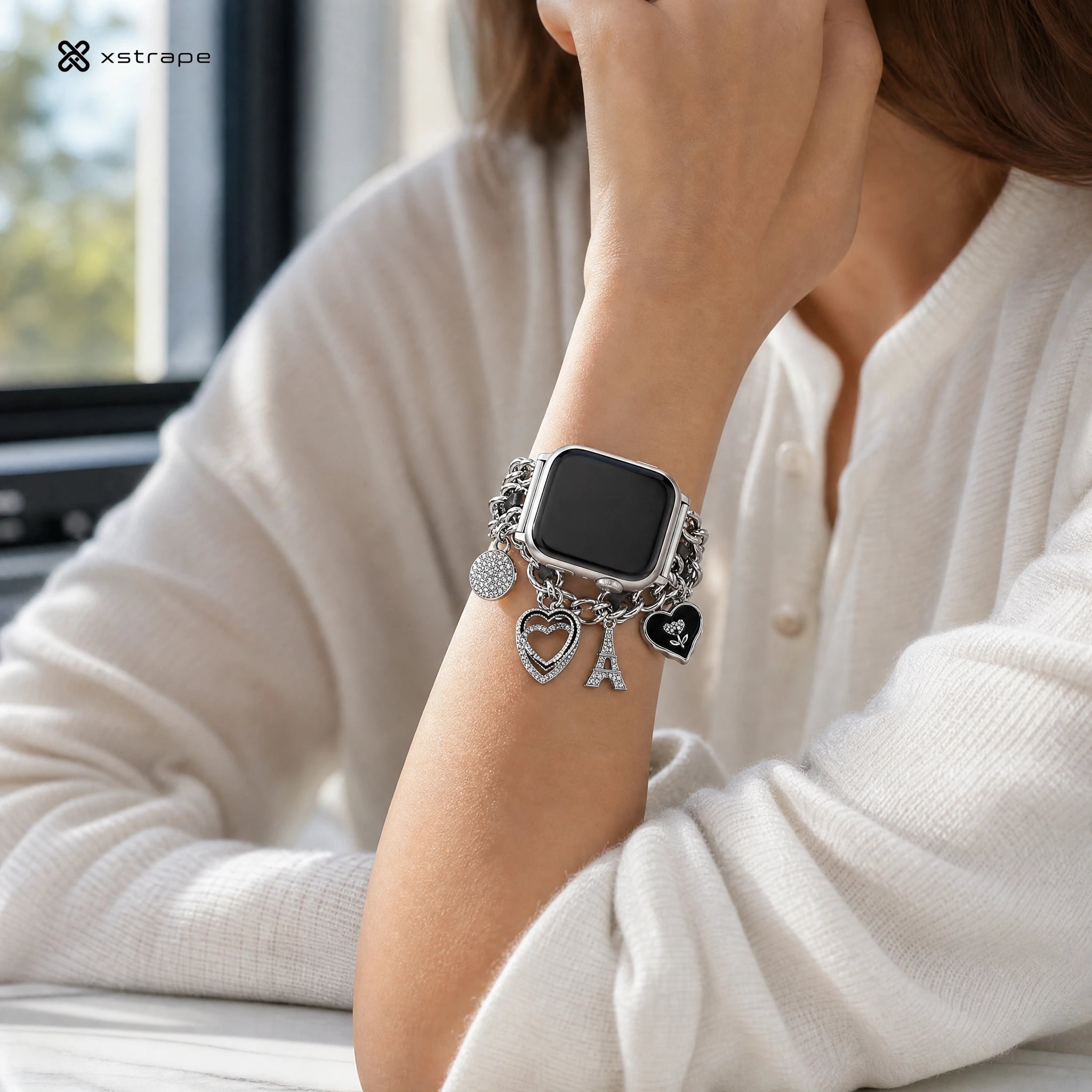 Luxury Silver Charm Apple Watch Band with Rhinestone Heart Chain Bracelet