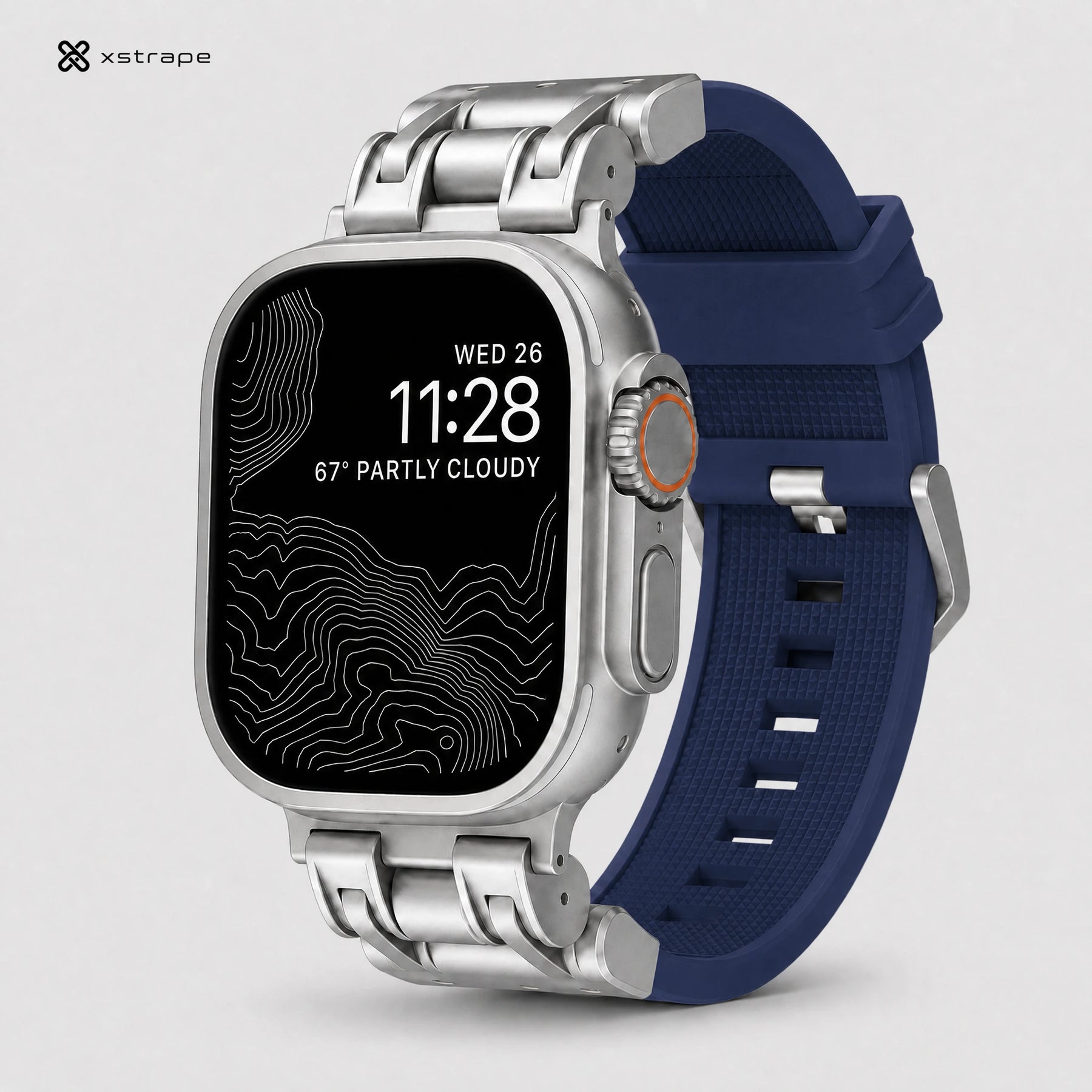 xstrape Rugged Titanium-Style Apple Watch Ultra Case with Navy Blue Silicone Band