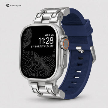 xstrape Rugged Titanium-Style Apple Watch Ultra Case with Navy Blue Silicone Band